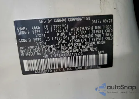 2024 Subaru Outback Premium z USA, uszkodzony, nr VIN 4S4BTACC3R3169173